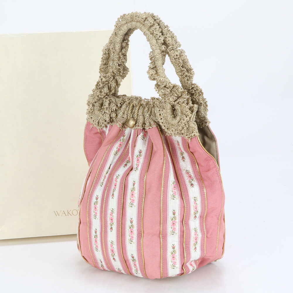 美品 ワコー フラワー 花柄 ストライプ レザー キャンバス トート バッグ 肩掛け ショルダー ハンド ピンク レディース RRE CC14-5