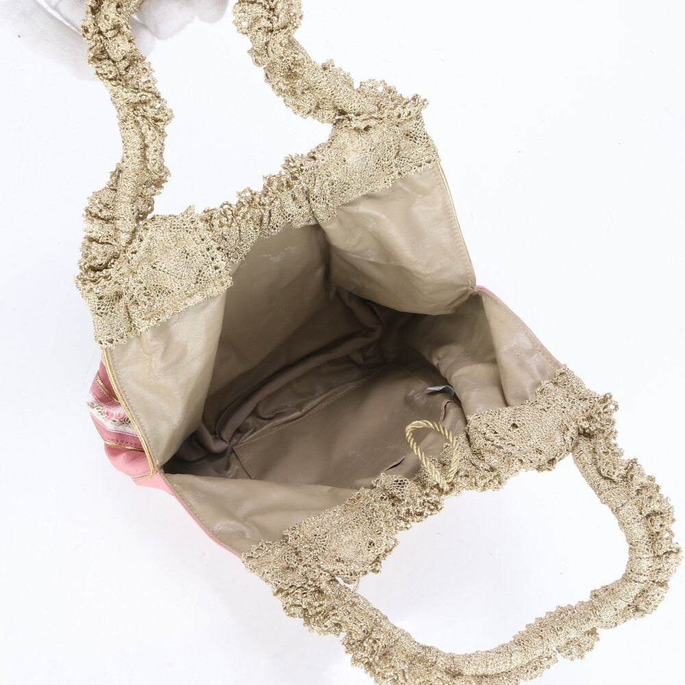 美品 ワコー フラワー 花柄 ストライプ レザー キャンバス トート バッグ 肩掛け ショルダー ハンド ピンク レディース RRE CC14-5