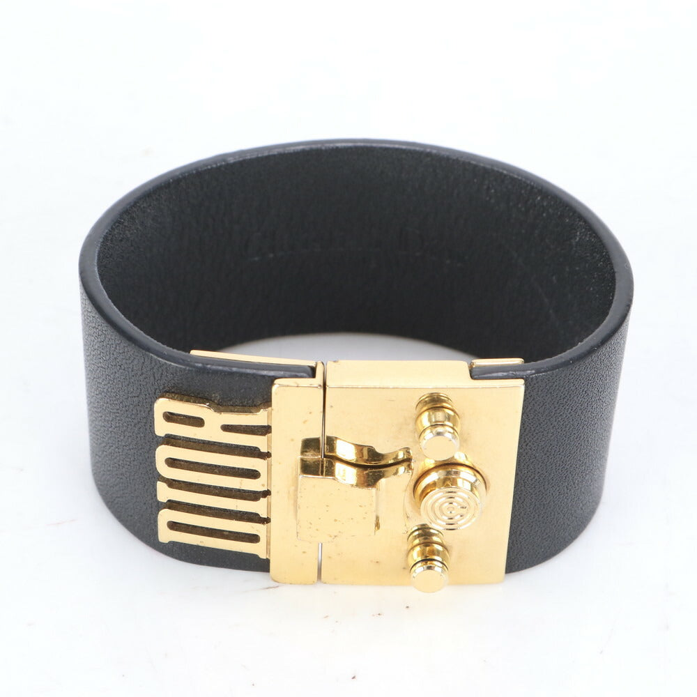 美品 クリスチャンディオール バングル アクセサリー レザー ブレスレット ブラック 黒 ゴールド レディース MUM CE23-6