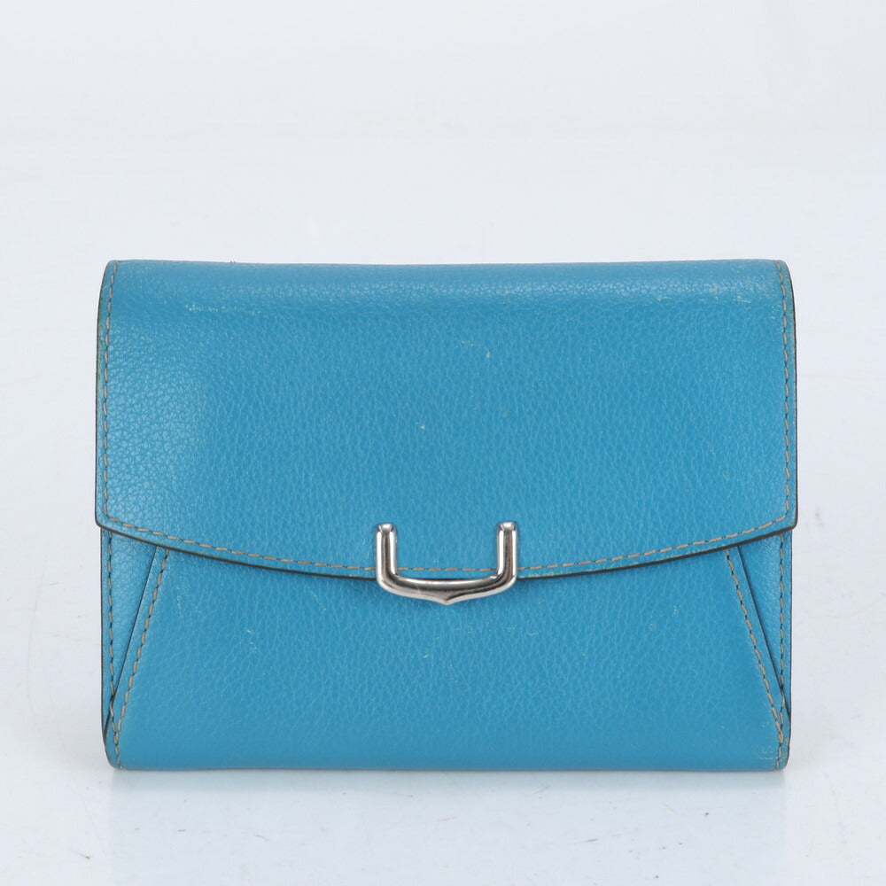 カルティエ C ドゥ カルティエ ブルー レザー 二つ折り 財布 コンパクト ウォレット ラウンドファスナー レディース MUM CE25-4