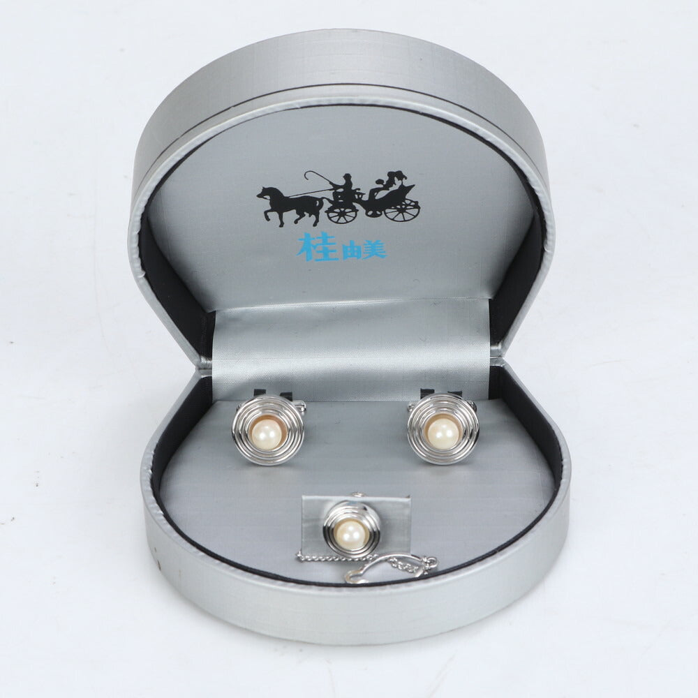 極美品 桂由美 YUMI KATSURA 本真珠 パール カフス タイタック セット ビジネス カフス シルバー 金具 メンズ ECE CG10-9