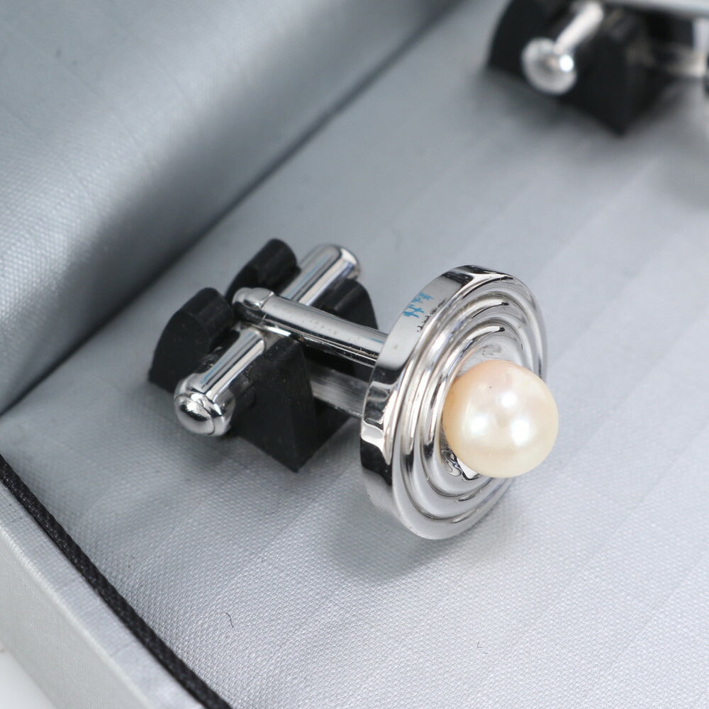 極美品 桂由美 YUMI KATSURA 本真珠 パール カフス タイタック セット ビジネス カフス シルバー 金具 メンズ ECE CG10-9