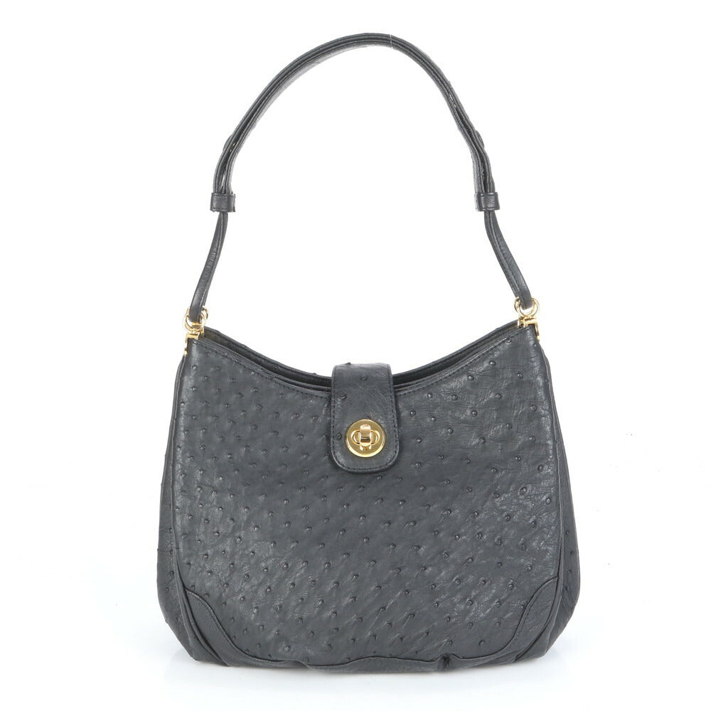 極美品 オーストリッチ レザー 2WAY ホーボー ショルダーバッグ 肩掛け ワンショルダー トート ハンド ブラック レディース EUE CG10-1