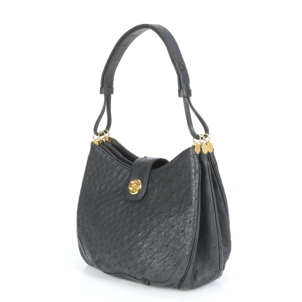 極美品 オーストリッチ レザー 2WAY ホーボー ショルダーバッグ 肩掛け ワンショルダー トート ハンド ブラック レディース EUE CG10-1