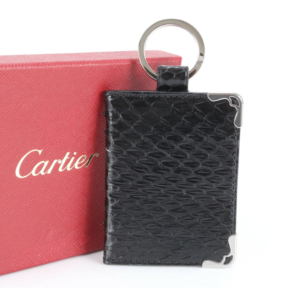 美品 カルティエ パイソン レザー キーホルダー キーリング フォトホルダー 写真入れ チャーム ブラック メンズ レディース RCE CI1-9