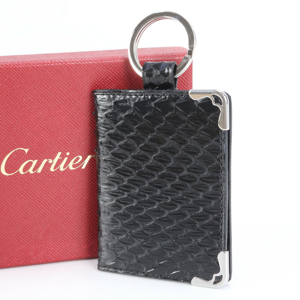 美品 カルティエ パイソン レザー キーホルダー キーリング フォトホルダー 写真入れ チャーム ブラック メンズ レディース RCE CI1-9