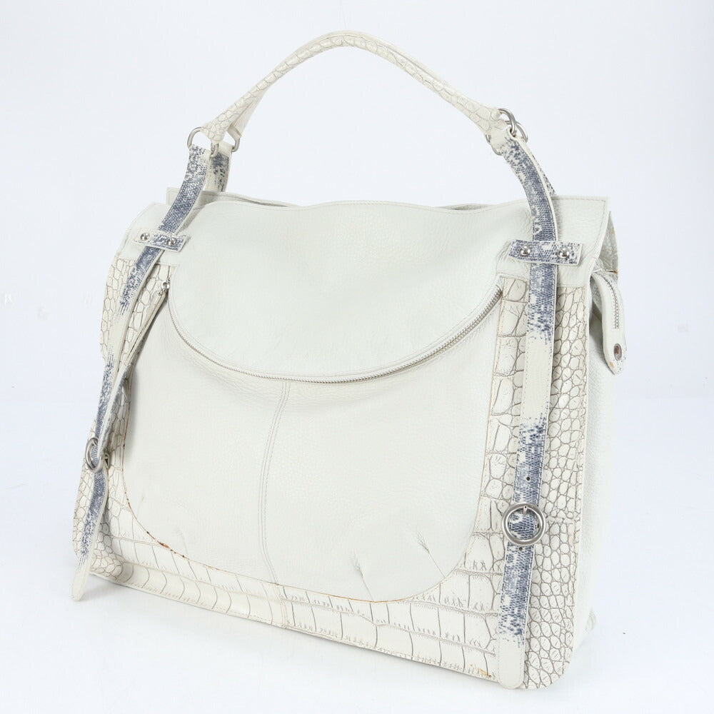 フルラ クロコダイル リザード エンボス レザー トート バッグ 肩掛け ショルダー ハンド A4 ホワイト レディース RRE CH16-10