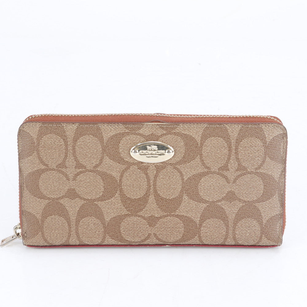 美品 コーチ シグネチャー レザー 長財布 ロング ウォレット ラウンドファスナー ブラウン 二つ折り レディース RBE CJ11-3