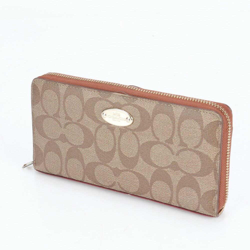 美品 コーチ シグネチャー レザー 長財布 ロング ウォレット ラウンドファスナー ブラウン 二つ折り レディース RBE CJ11-3