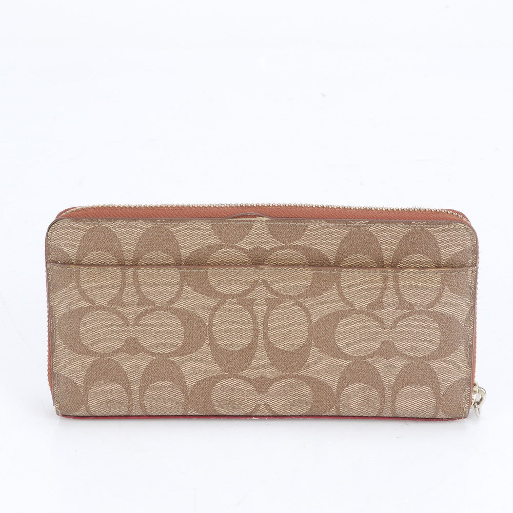 美品 コーチ シグネチャー レザー 長財布 ロング ウォレット ラウンドファスナー ブラウン 二つ折り レディース RBE CJ11-3
