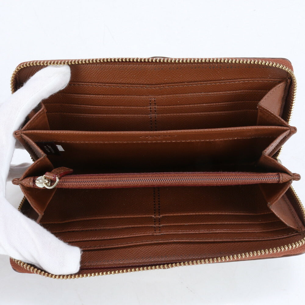 美品 コーチ シグネチャー レザー 長財布 ロング ウォレット ラウンドファスナー ブラウン 二つ折り レディース RBE CJ11-3