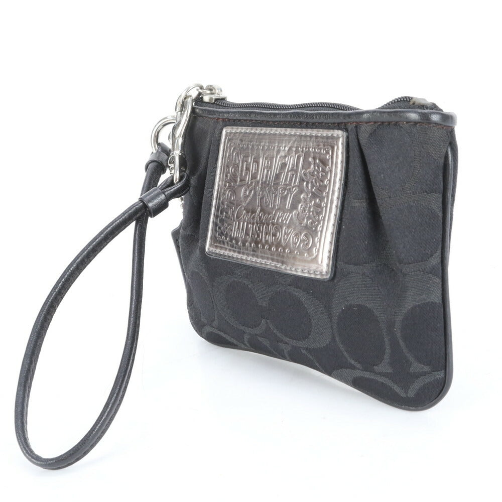 美品 コーチ シグネチャー キャンバス レザー ストラップ付 ポーチ アクセサリー メイク 小物入れ ブラック レディース RRE CJ6-8