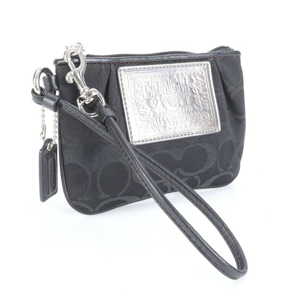 美品 コーチ シグネチャー キャンバス レザー ストラップ付 ポーチ アクセサリー メイク 小物入れ ブラック レディース RRE CJ6-8