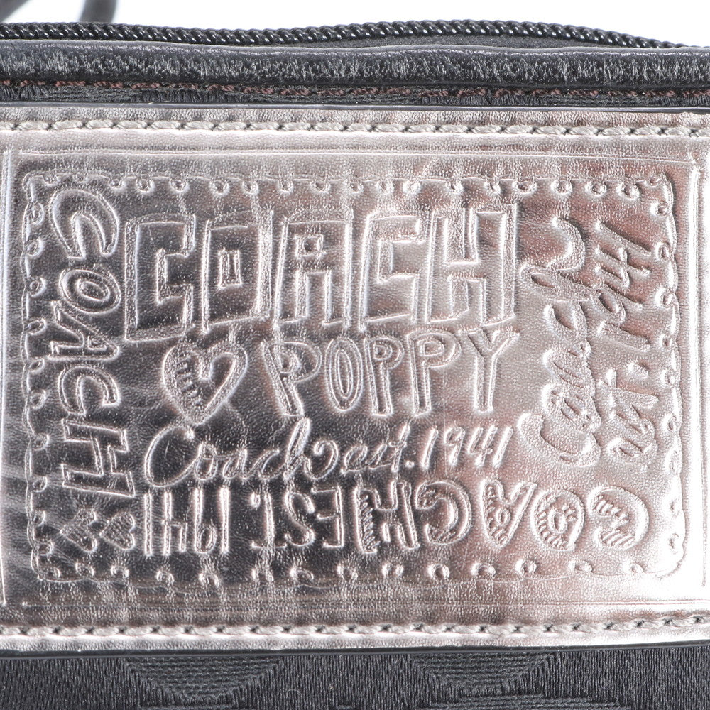 美品 コーチ シグネチャー キャンバス レザー ストラップ付 ポーチ アクセサリー メイク 小物入れ ブラック レディース RRE CJ6-8