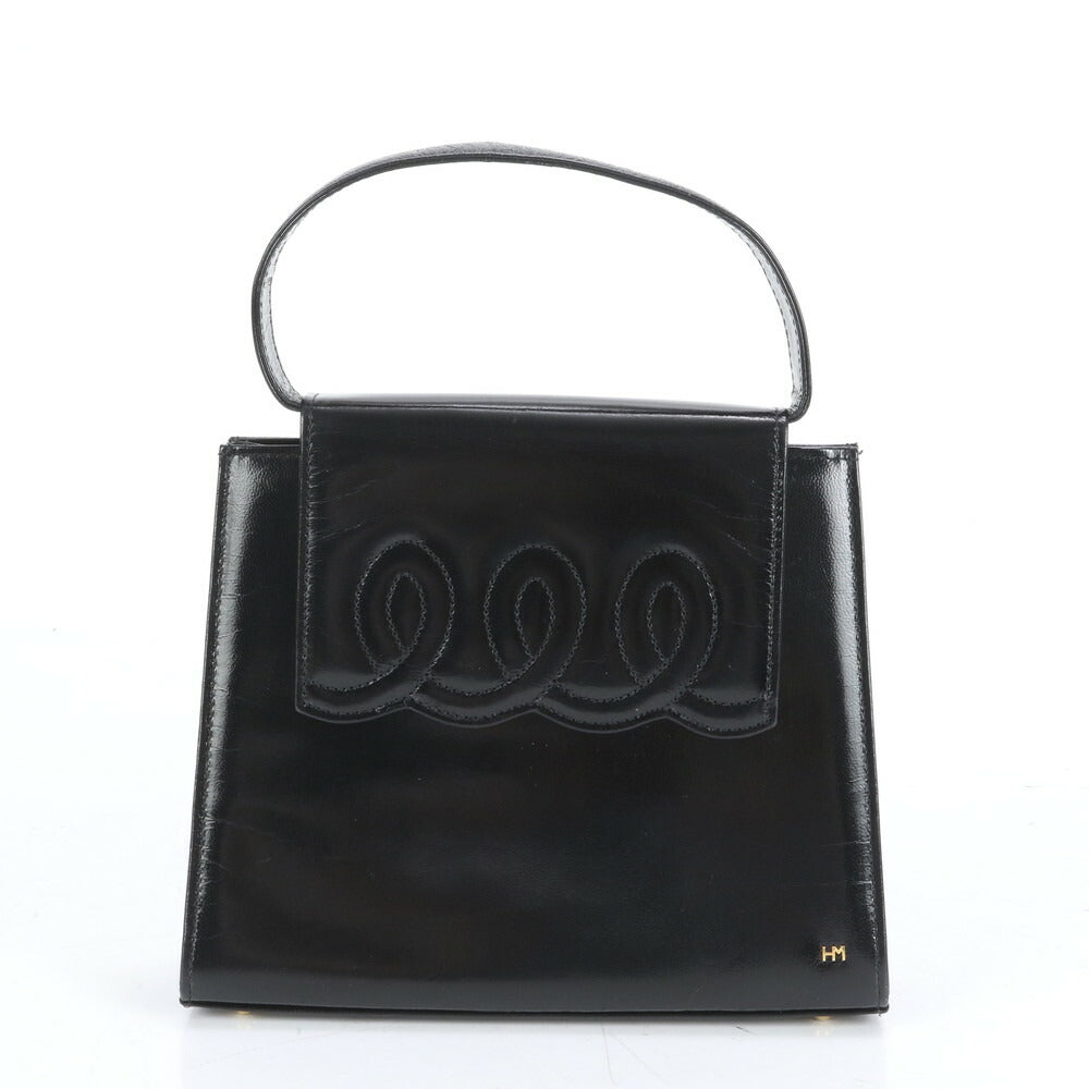 美品 ハナエモリ レザー トップハンドル ハンドバッグ トート ブラック 黒 フォーマル レディース RRE CM8-8