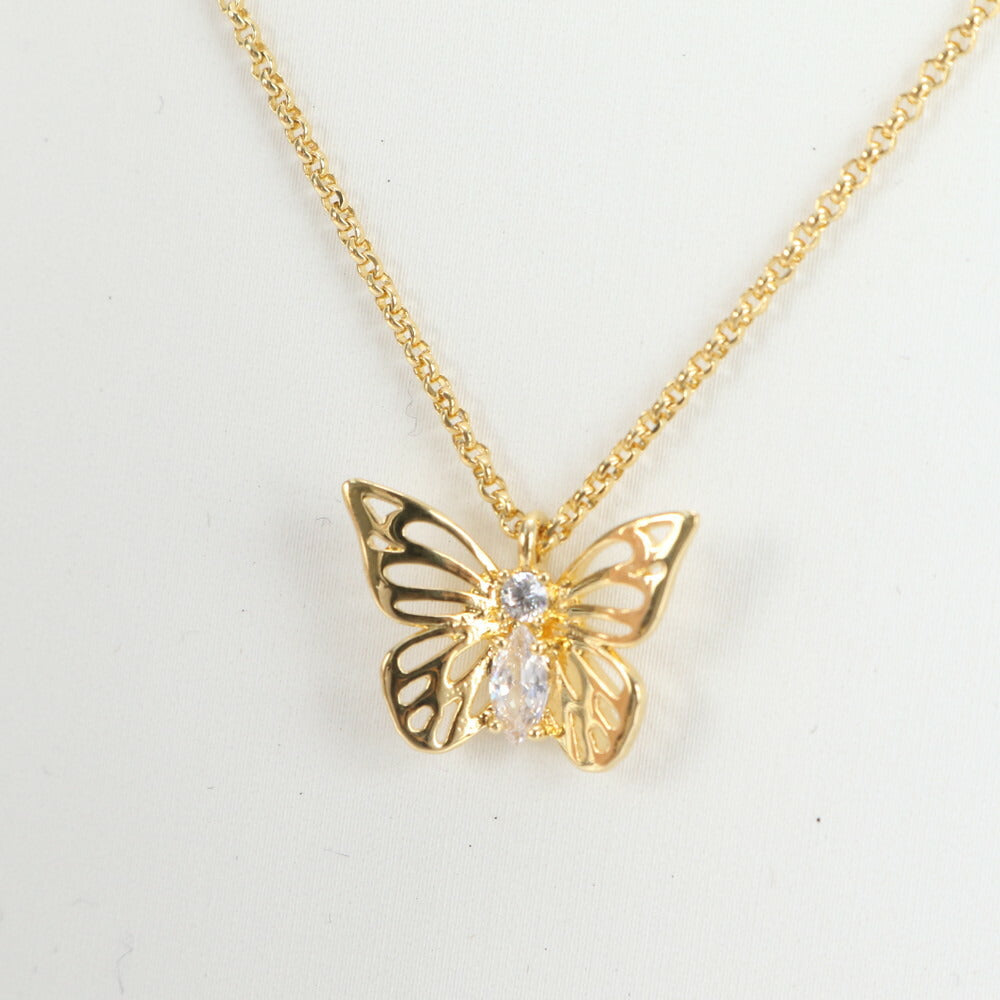 美品 ケイトスペード ラインストーン 蝶 バタフライ モチーフ ゴールド チェーン ネックレス ペンダント レディース RRE CM29-3