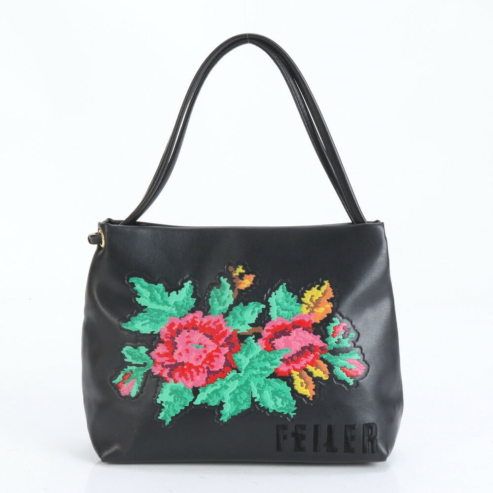 美品 フェイラー フラワー 花柄 トート バッグ 肩掛け ショルダー ハンド ブラック 黒 レディース RUE CL10-3