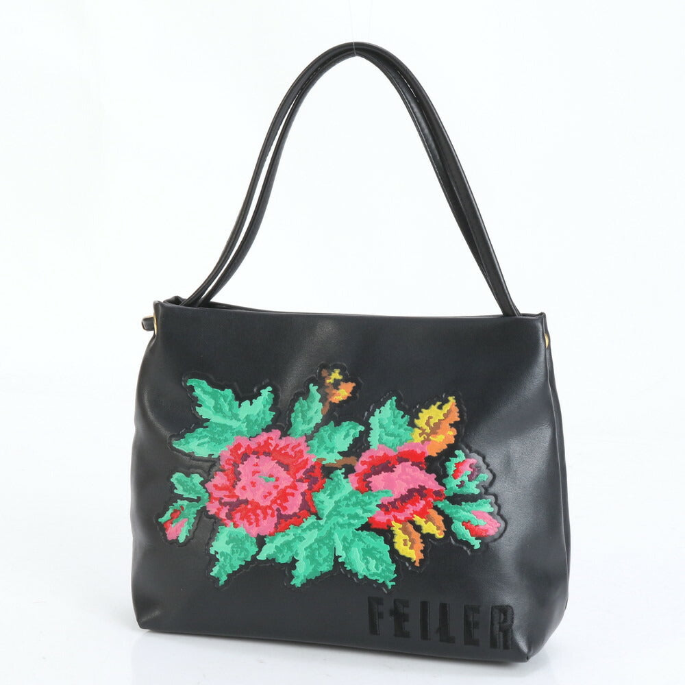 美品 フェイラー フラワー 花柄 トート バッグ 肩掛け ショルダー ハンド ブラック 黒 レディース RUE CL10-3