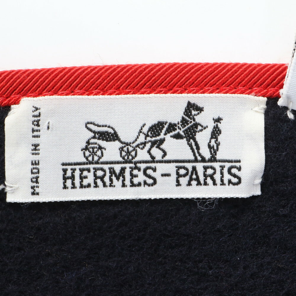 極美品 エルメス タグ付 カシミヤ チェック フリンジ マフラー ネイビー 紺 秋 冬 防寒 ストール メンズ レディース RUE CU20-8