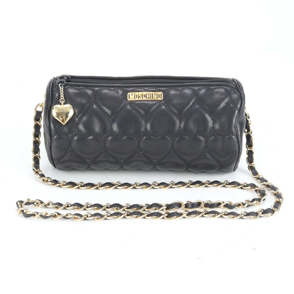 極美品 モスキーノ ハート キルティング レザー ゴールド チェーン ショルダーバッグ 斜め掛け ハンド 黒 レディース ECE CN99-5