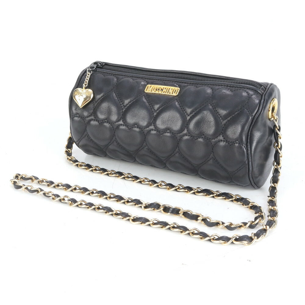 極美品 モスキーノ ハート キルティング レザー ゴールド チェーン ショルダーバッグ 斜め掛け ハンド 黒 レディース ECE CN99-5