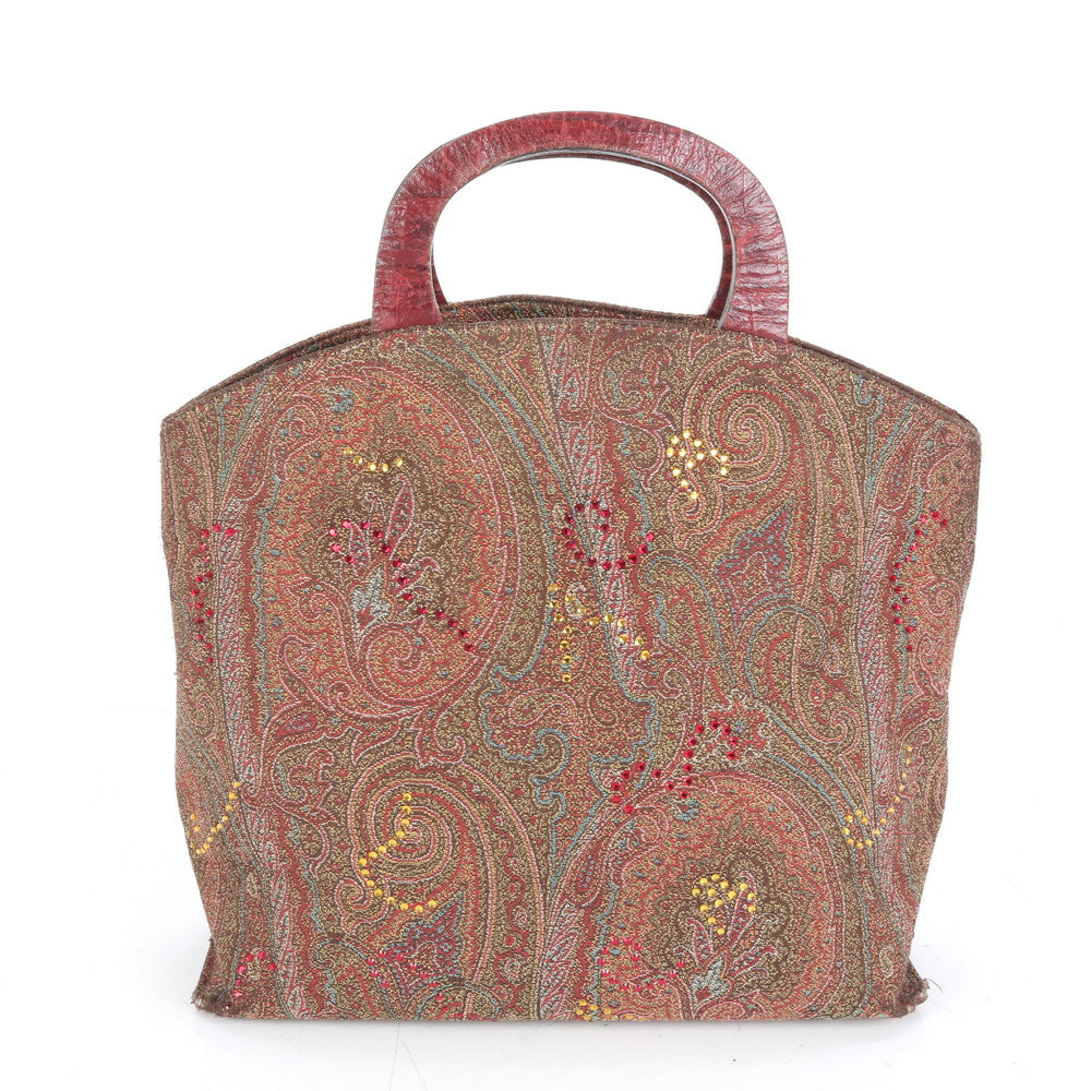 エトロ イタリア製 ペイズリー ラインストーン ビジュー 装飾 レザー ハンドバッグ トート トップハンドル レディース ECE CN10-1