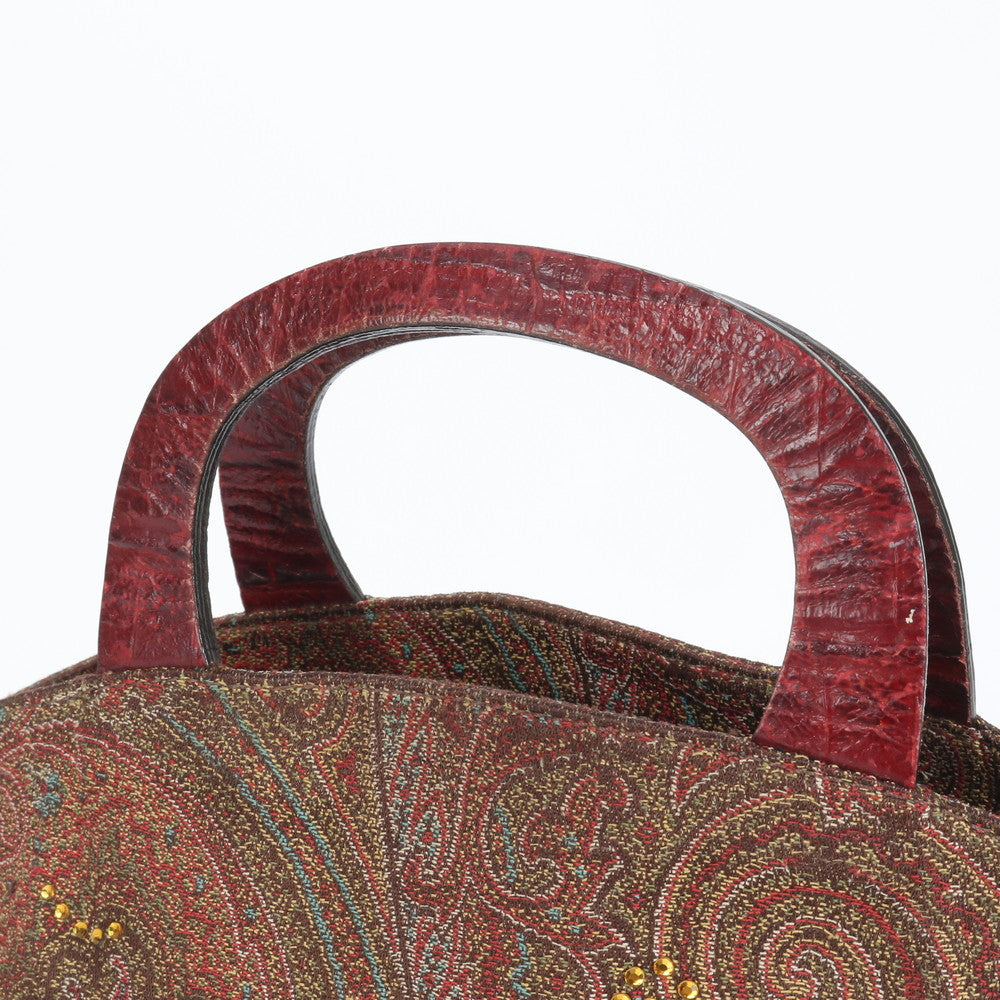 エトロ イタリア製 ペイズリー ラインストーン ビジュー 装飾 レザー ハンドバッグ トート トップハンドル レディース ECE CN10-1