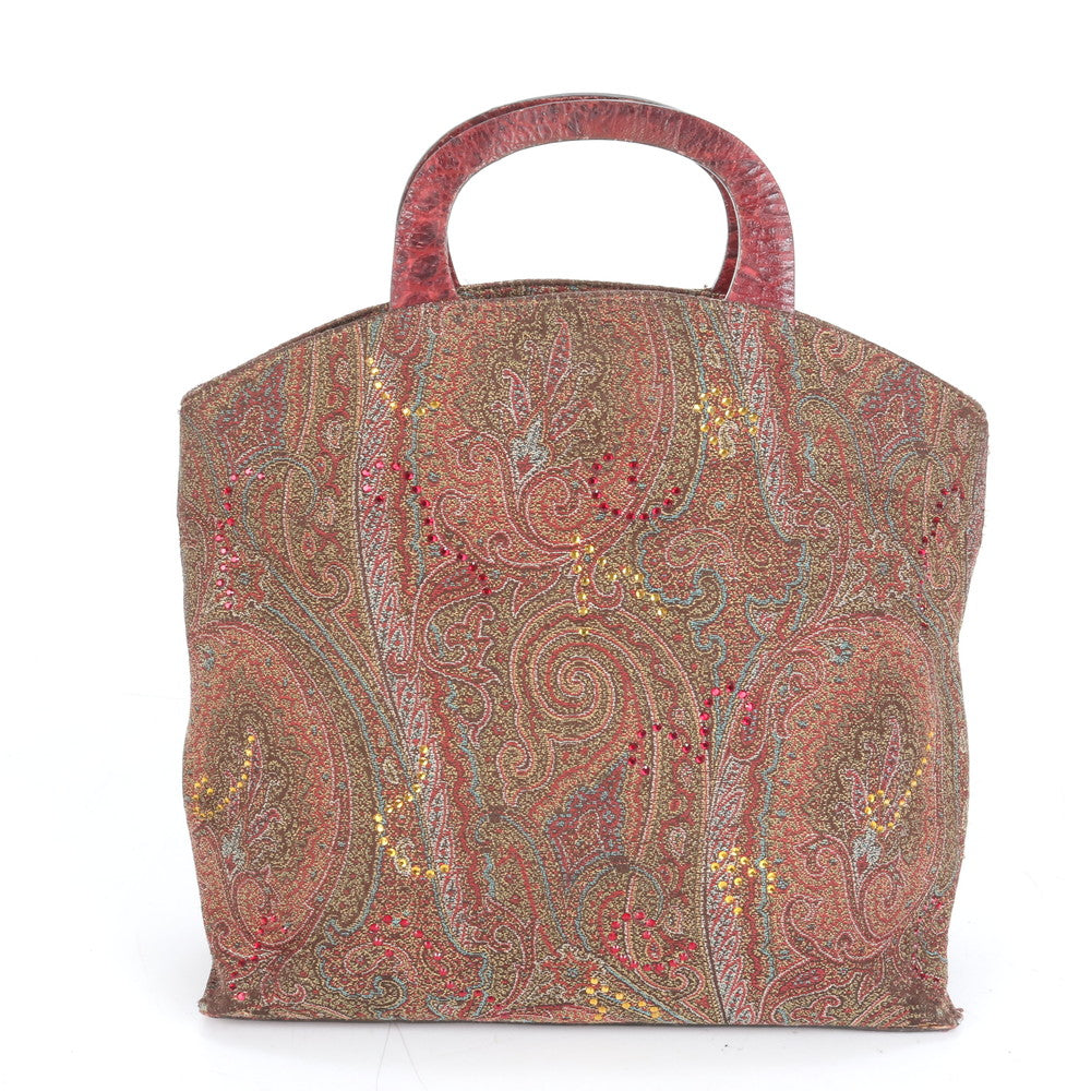 エトロ イタリア製 ペイズリー ラインストーン ビジュー 装飾 レザー ハンドバッグ トート トップハンドル レディース ECE CN10-1