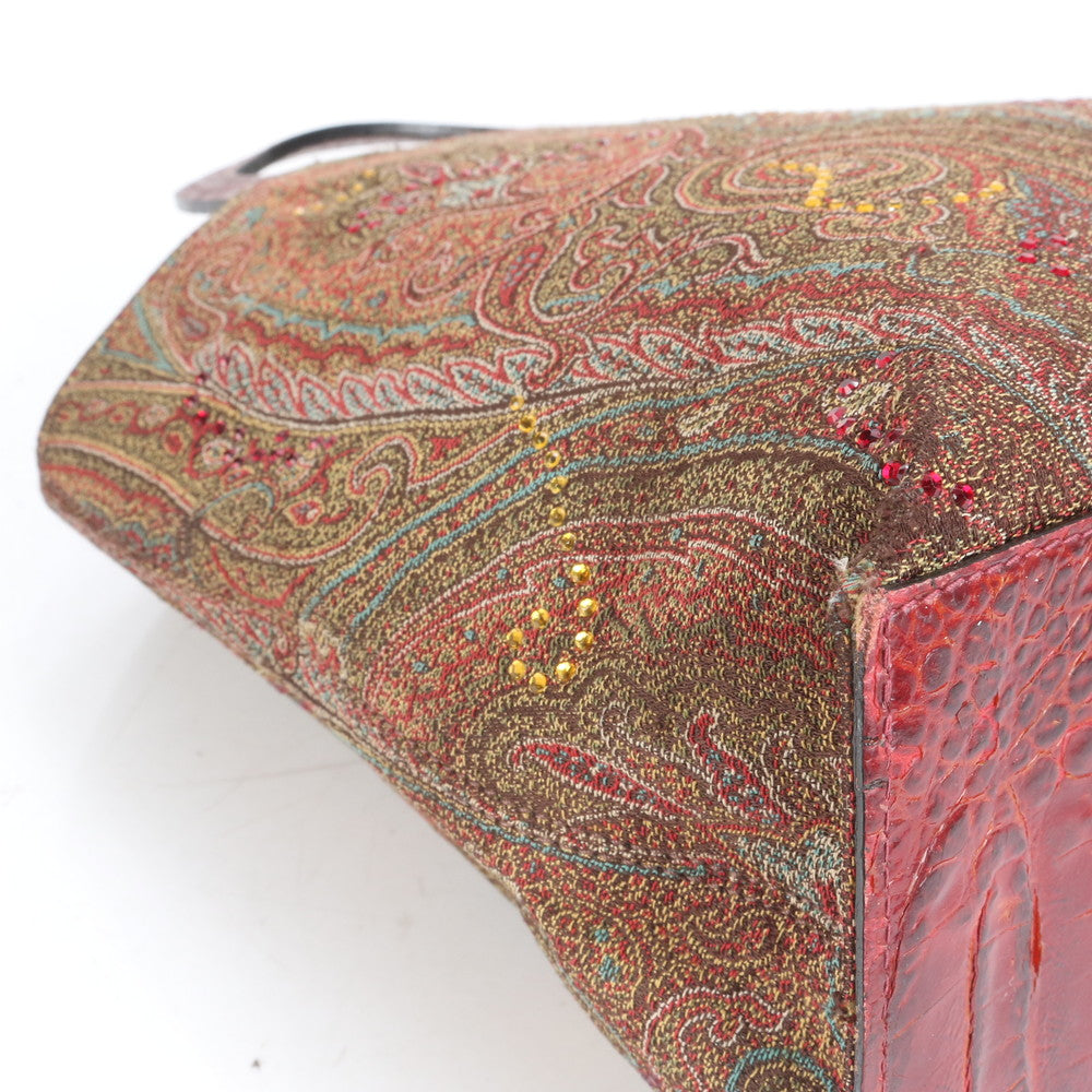 エトロ イタリア製 ペイズリー ラインストーン ビジュー 装飾 レザー ハンドバッグ トート トップハンドル レディース ECE CN10-1