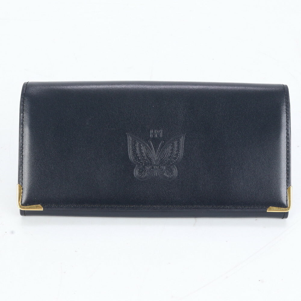 美品 ハナエモリ 蝶 バタフライ レザー 長財布 ロング ウォレット 二つ折り ラウンドファスナー ブラック 黒 レディース RRE CO7-2