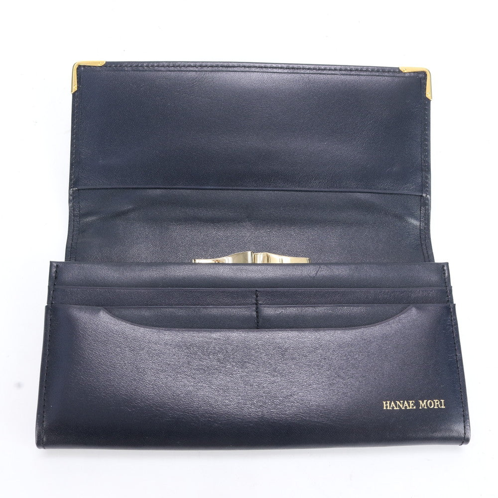 美品 ハナエモリ 蝶 バタフライ レザー 長財布 ロング ウォレット 二つ折り ラウンドファスナー ブラック 黒 レディース RRE CO7-2