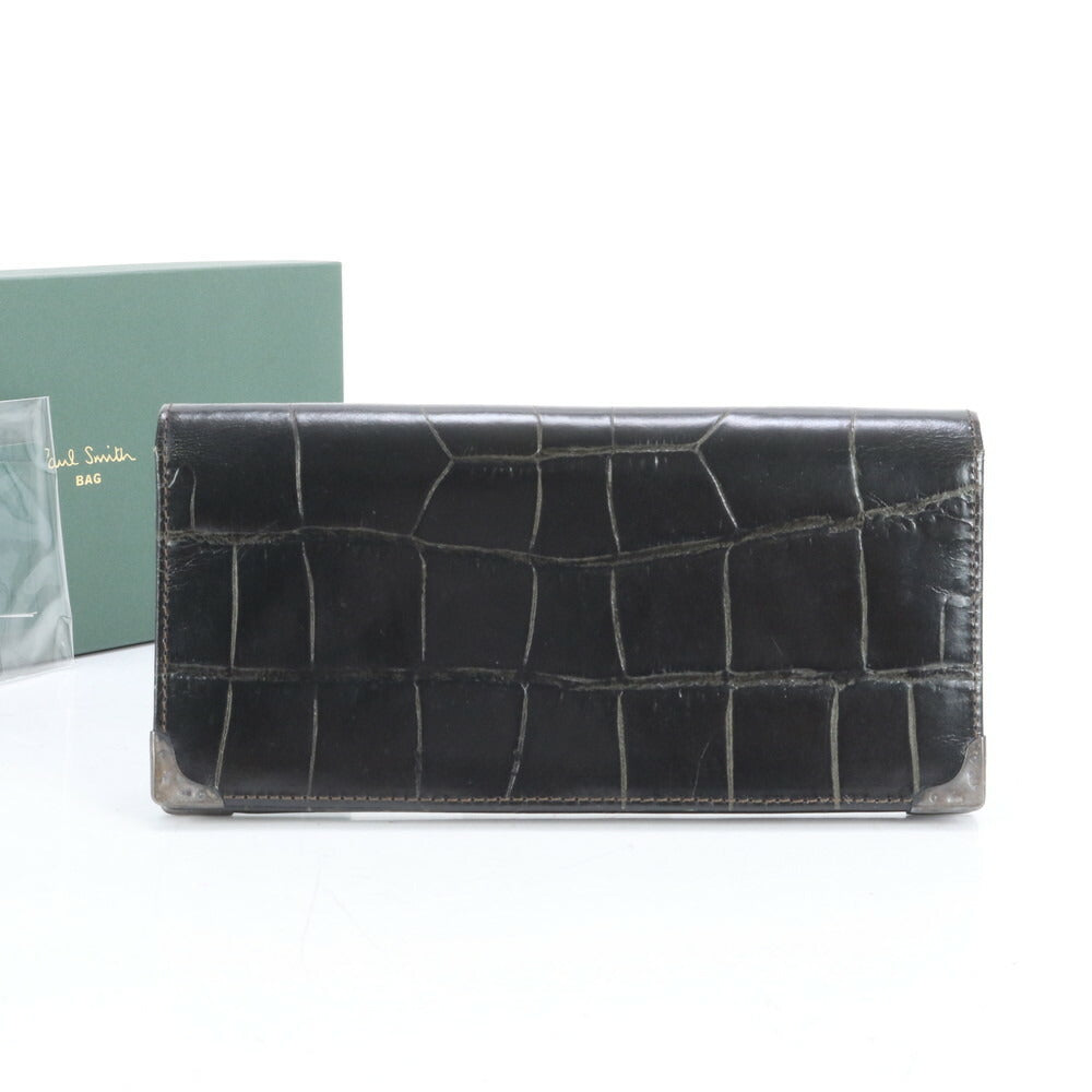 美品 ポールスミス クロコダイル エンボス レザー 長財布 ロング ウォレット 札入れ ラウンドファスナー 二つ折り メンズ ERE CP24-8