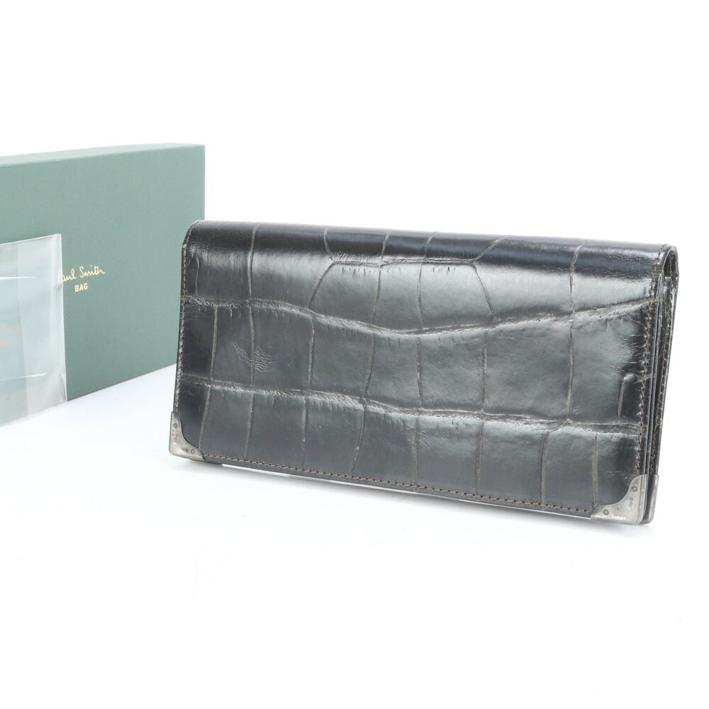 美品 ポールスミス クロコダイル エンボス レザー 長財布 ロング ウォレット 札入れ ラウンドファスナー 二つ折り メンズ ERE CP24-8