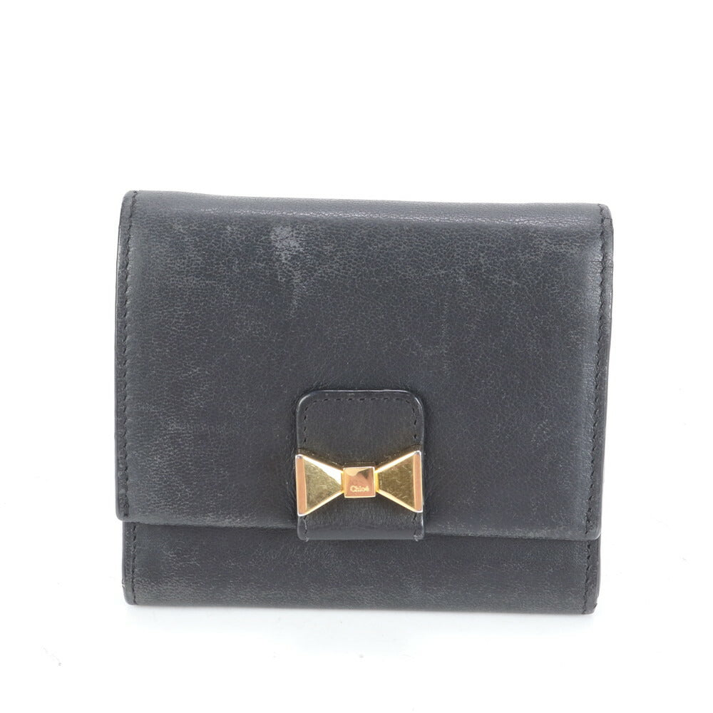 クロエ リボン ゴールド 金具 レザー 三つ折り 財布 コンパクト ウォレット 本革 ブラック 黒 レディース EUM C18-6