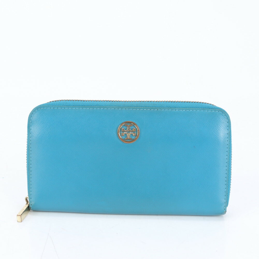 美品 トリーバーチ ダブルT ロゴ ブルー レザー 長財布 ウォレット ラウンドファスナー レディース MMM CL86-25