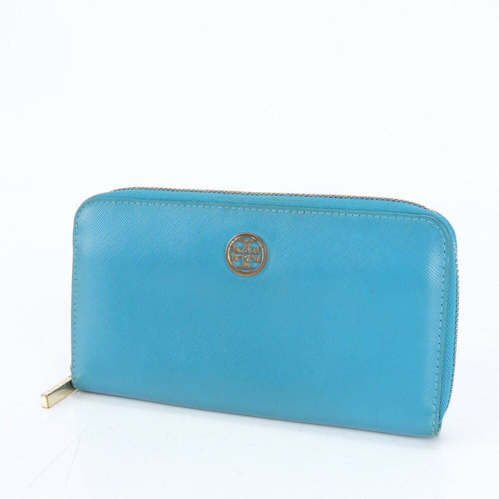美品 トリーバーチ ダブルT ロゴ ブルー レザー 長財布 ウォレット ラウンドファスナー レディース MMM CL86-25