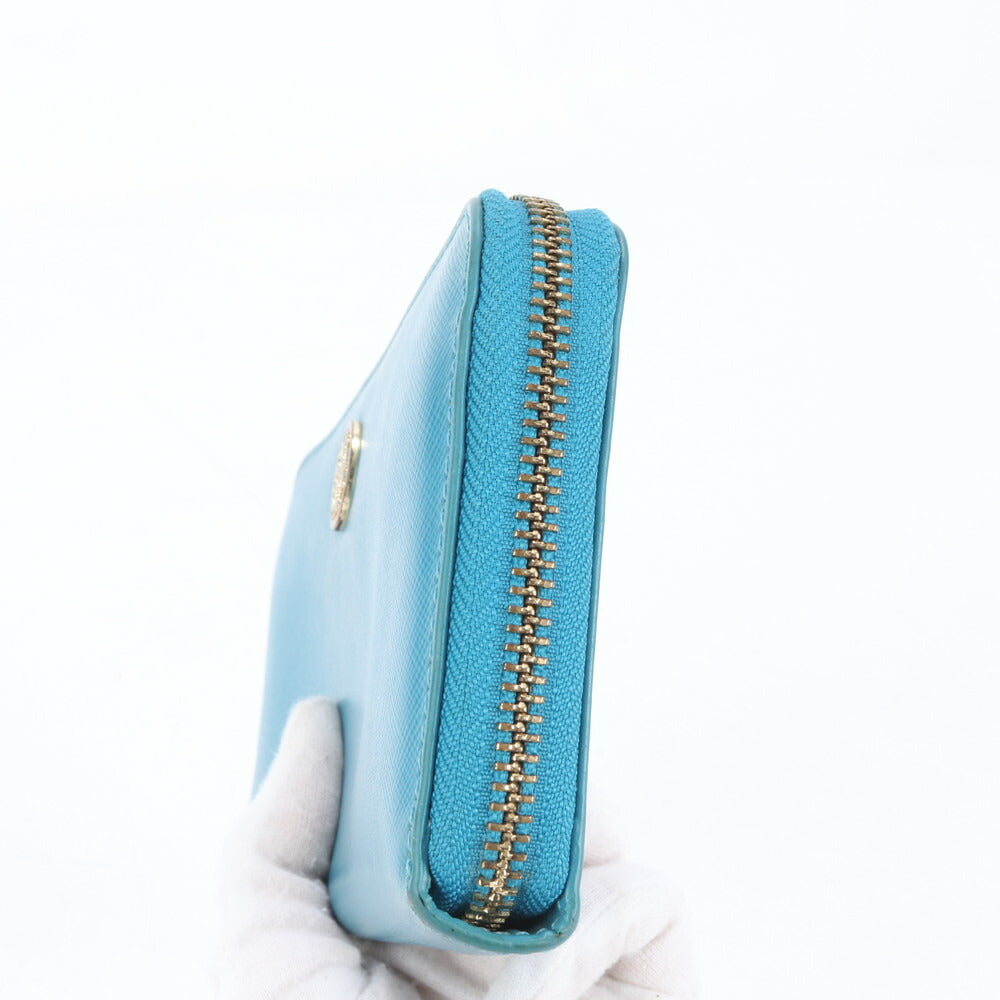 美品 トリーバーチ ダブルT ロゴ ブルー レザー 長財布 ウォレット ラウンドファスナー レディース MMM CL86-25