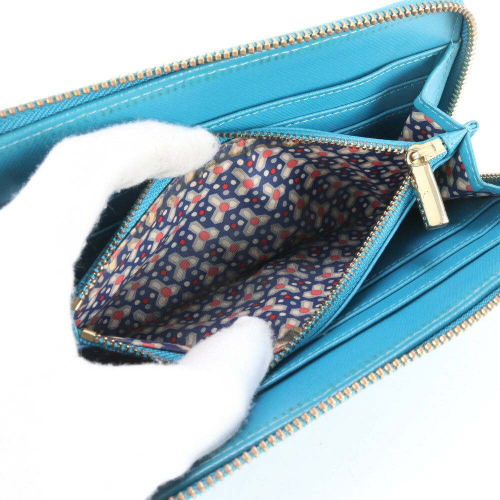 美品 トリーバーチ ダブルT ロゴ ブルー レザー 長財布 ウォレット ラウンドファスナー レディース MMM CL86-25