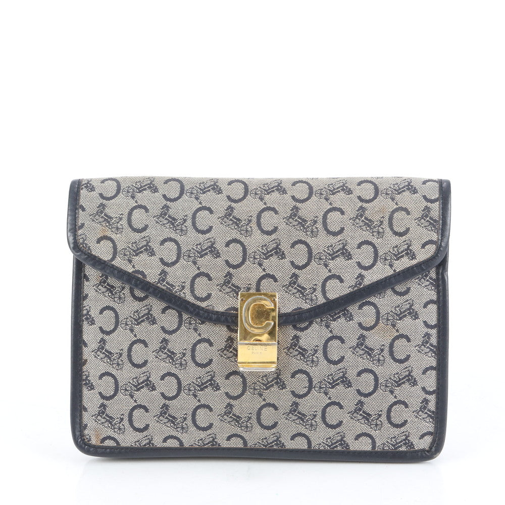 美品 セリーヌ Cマカダム ゴールド 金具 レザー クラッチ バッグ ハンド セカンド ポーチ トート グレー レディース RUE CQ15-2