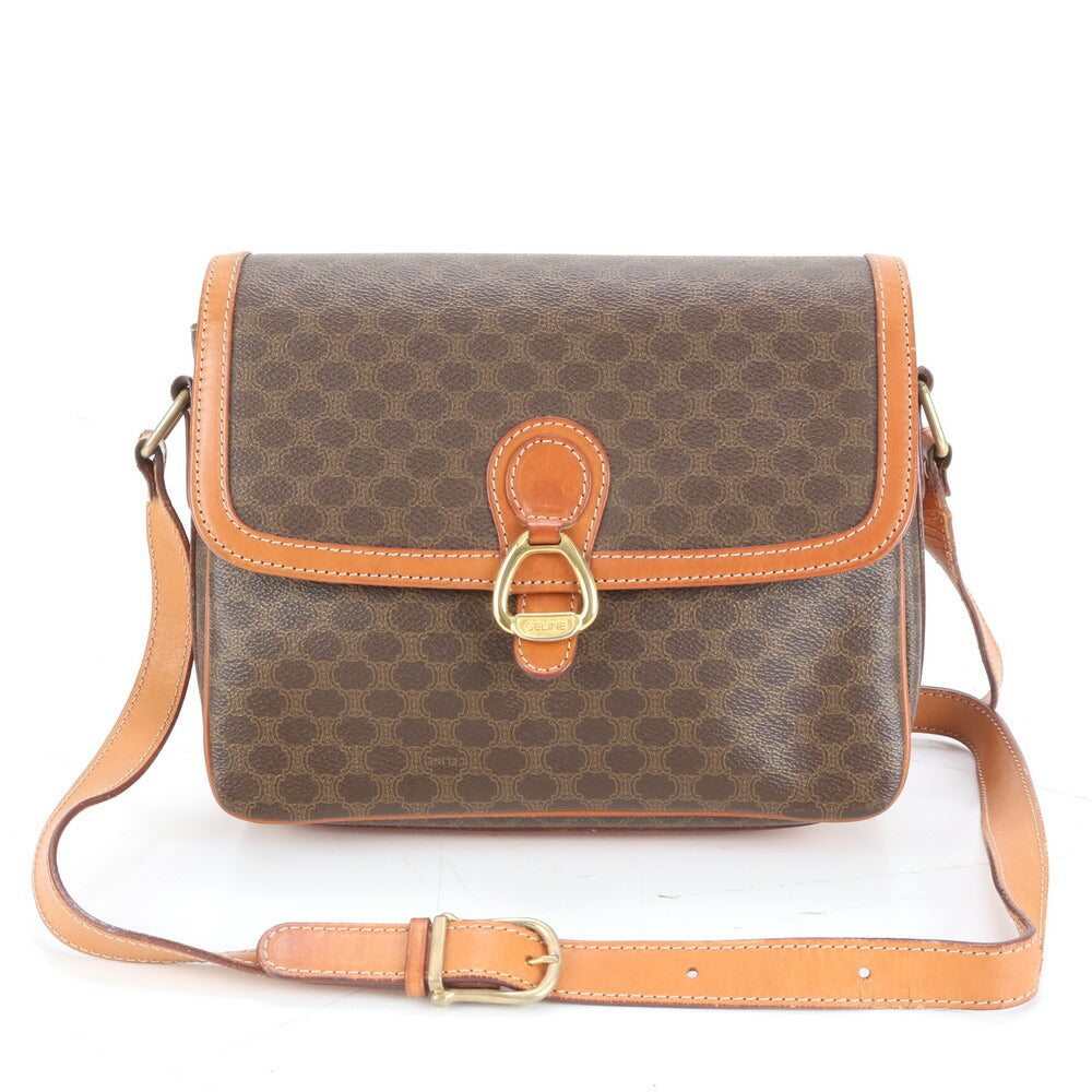 美品 ヴィンテージ セリーヌ マカダム レザー ショルダーバッグ 斜め掛け クロスボディ ゴールド 金具 レディース EUE CT6-1