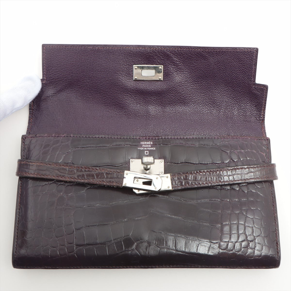 美品 エルメス □M 刻印 ケリー ウォレット 長財布 アリゲーター クロコダイル レザー 高級 メンズ レディース MNT 1128-E40