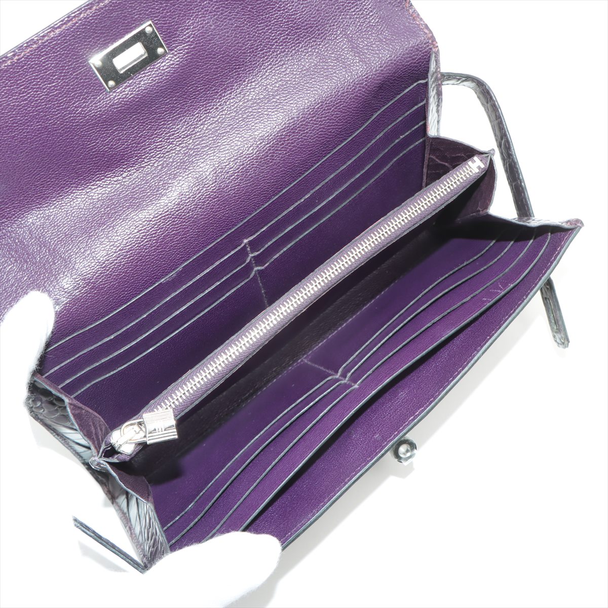 美品 エルメス □M 刻印 ケリー ウォレット 長財布 アリゲーター クロコダイル レザー 高級 メンズ レディース MNT 1128-E40