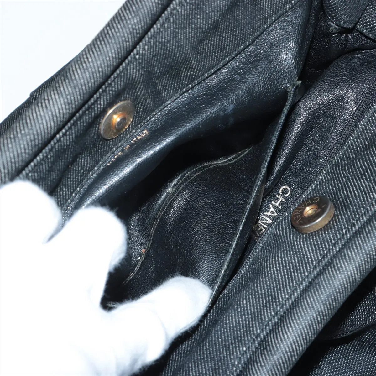 美品 シャネル シリアルシール付 ロゴ デニム プラスチックハンドル ハンドバッグ トート ブラック 黒 レディース MMM CS53-5